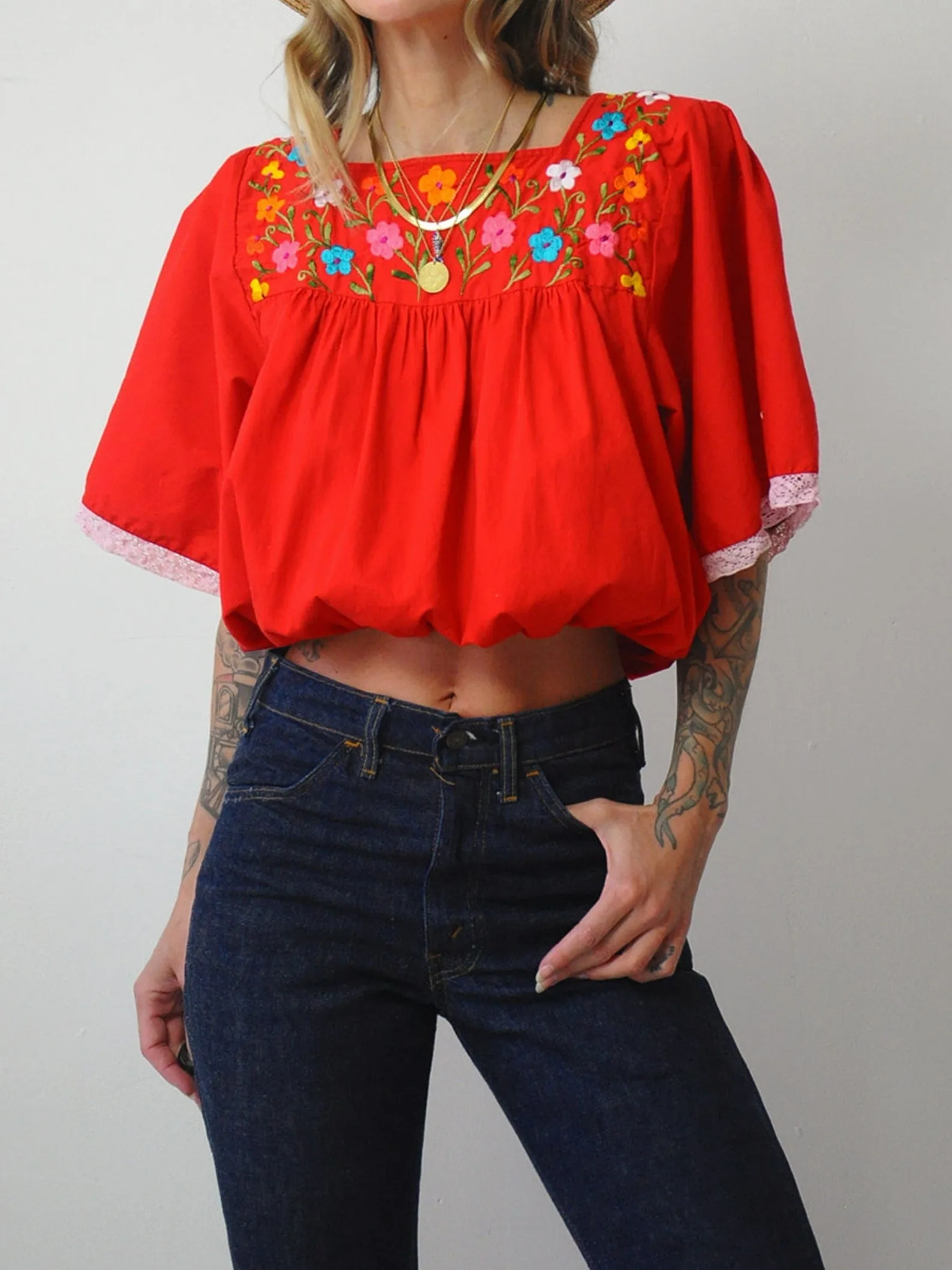 1970's Embroidered Floral Crop Top