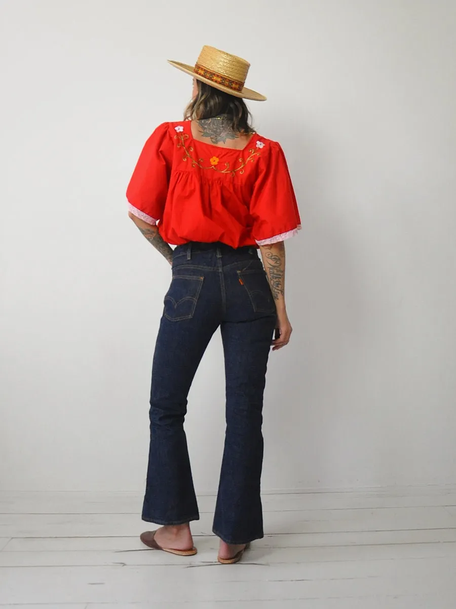 1970's Embroidered Floral Crop Top
