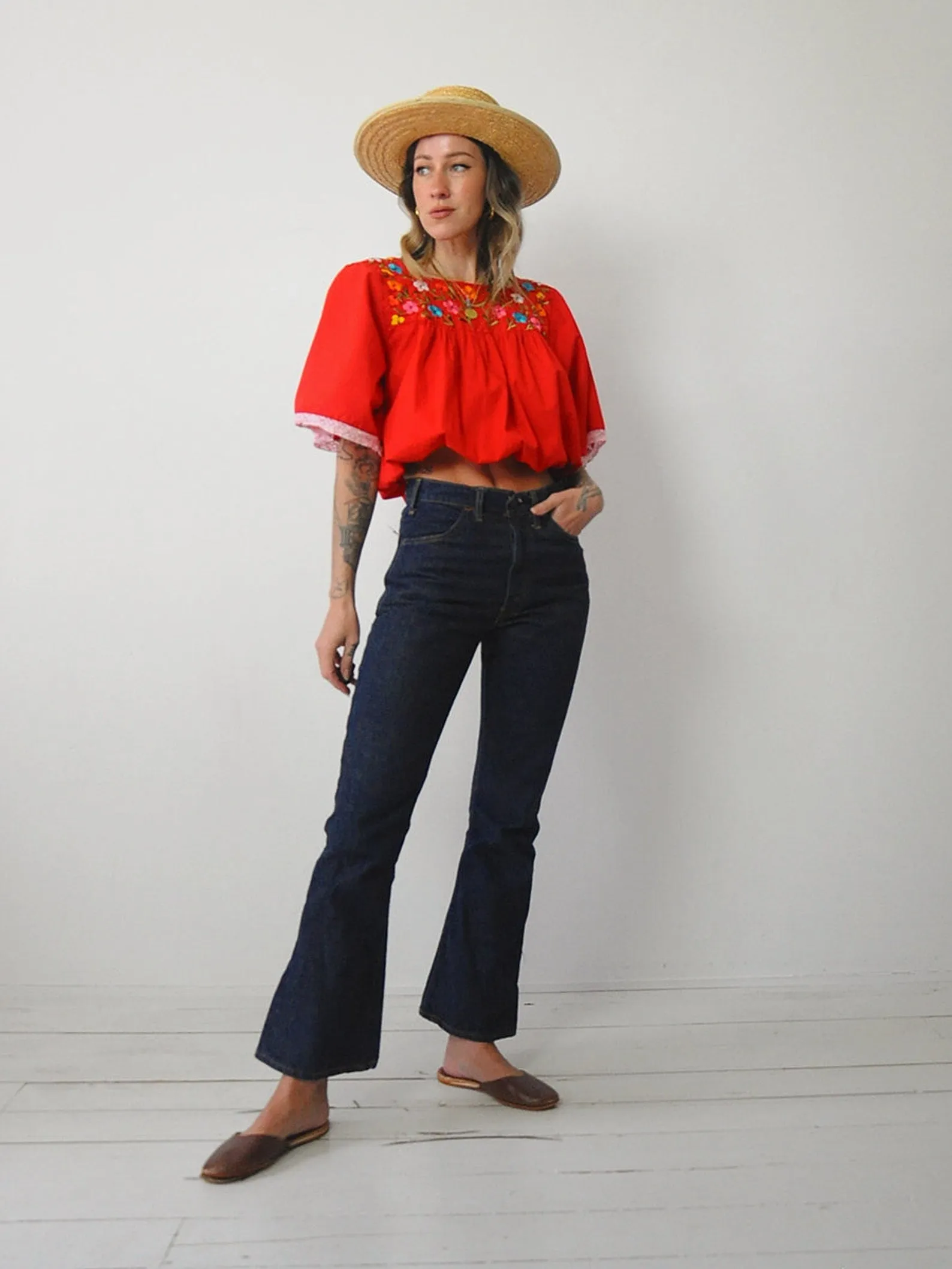 1970's Embroidered Floral Crop Top