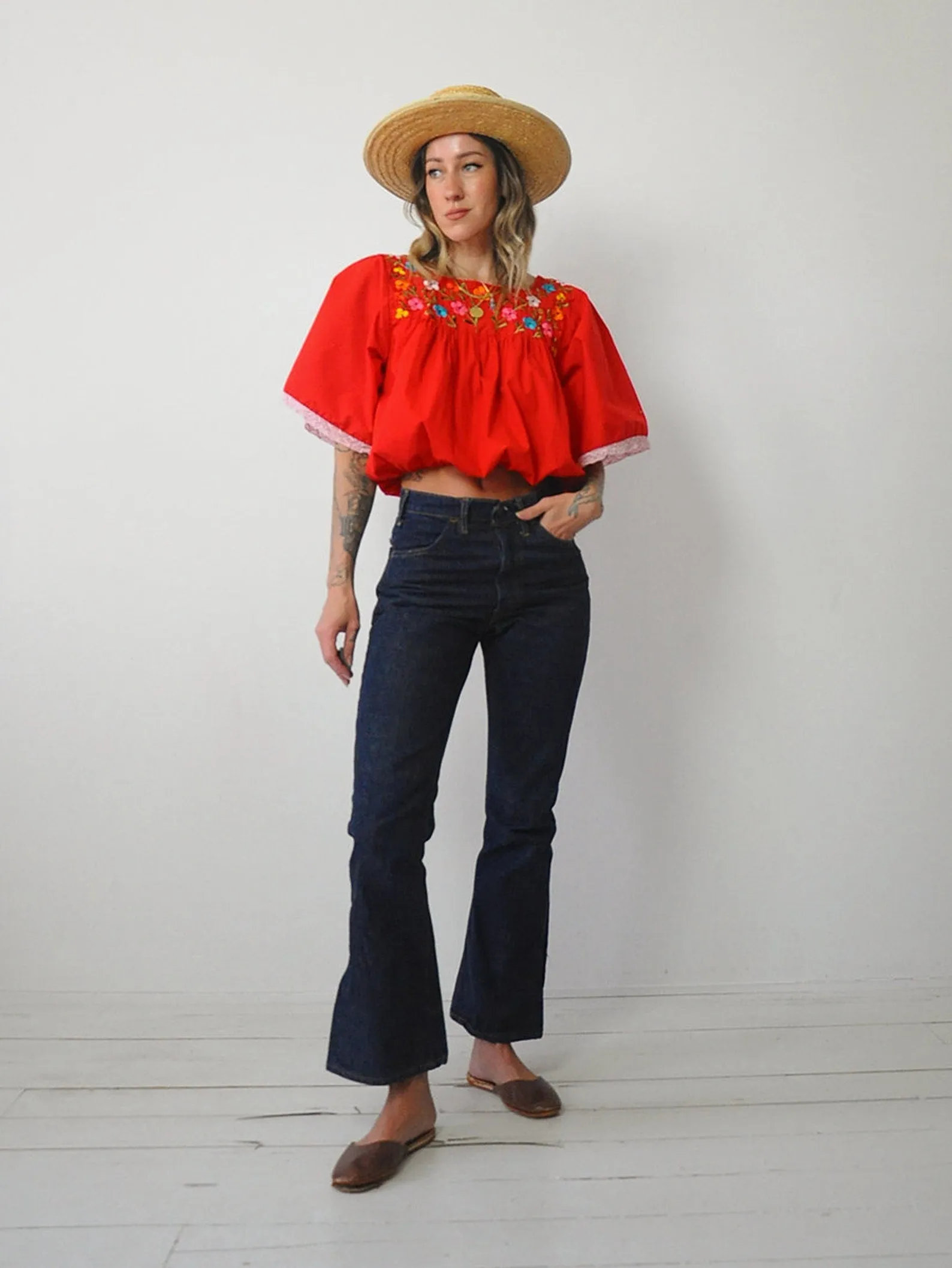 1970's Embroidered Floral Crop Top