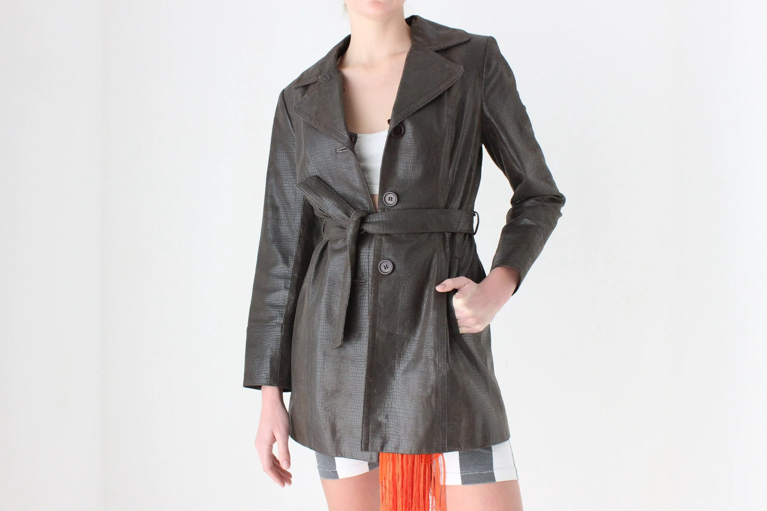 90s Python Texture Chocolate Leather Coat w/ Tie Waist