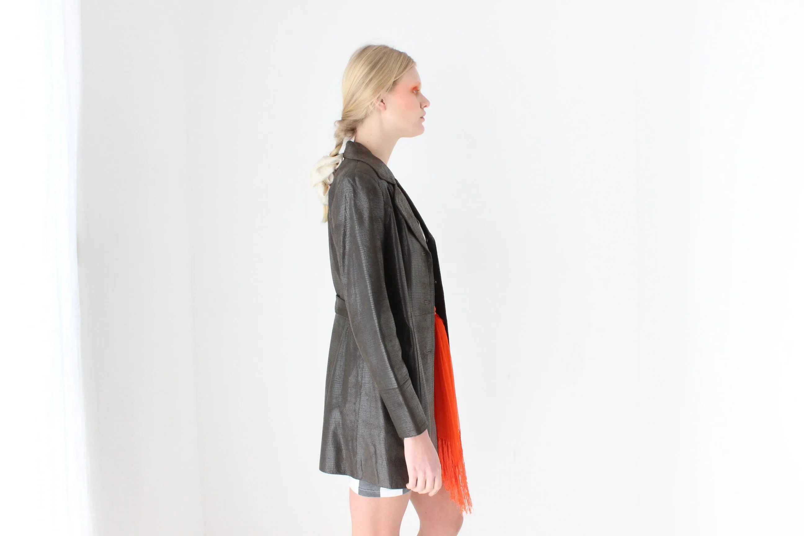 90s Python Texture Chocolate Leather Coat w/ Tie Waist