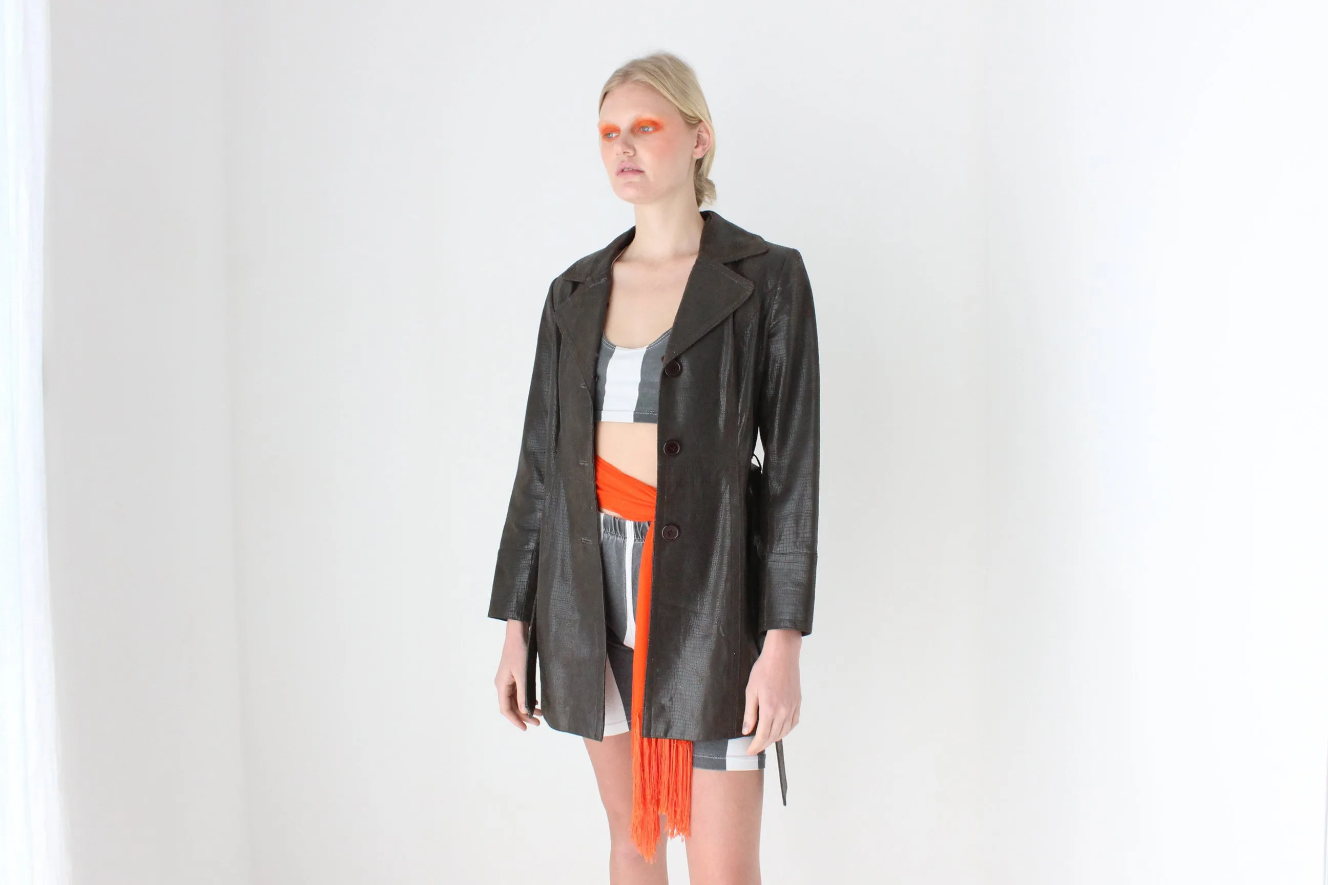 90s Python Texture Chocolate Leather Coat w/ Tie Waist