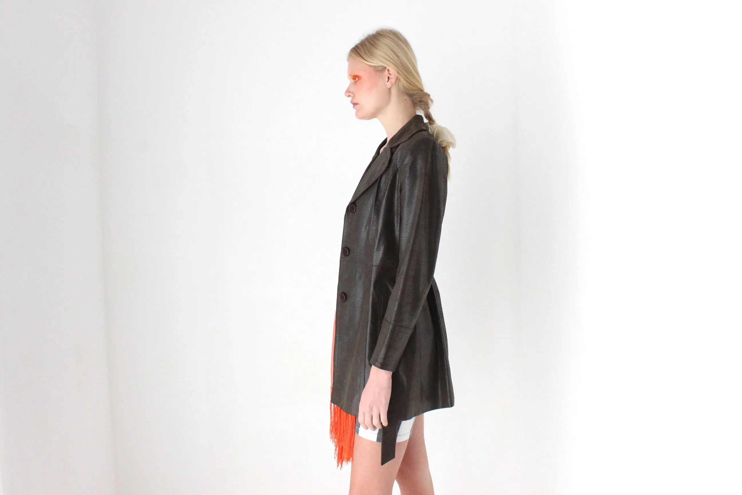 90s Python Texture Chocolate Leather Coat w/ Tie Waist