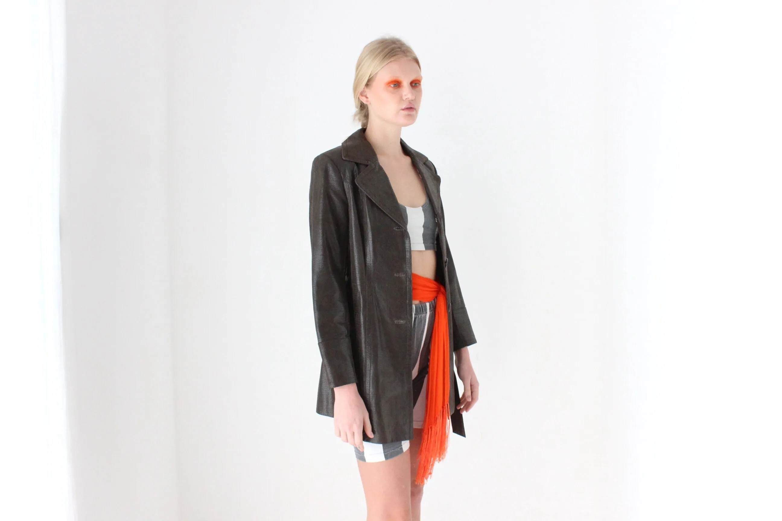 90s Python Texture Chocolate Leather Coat w/ Tie Waist