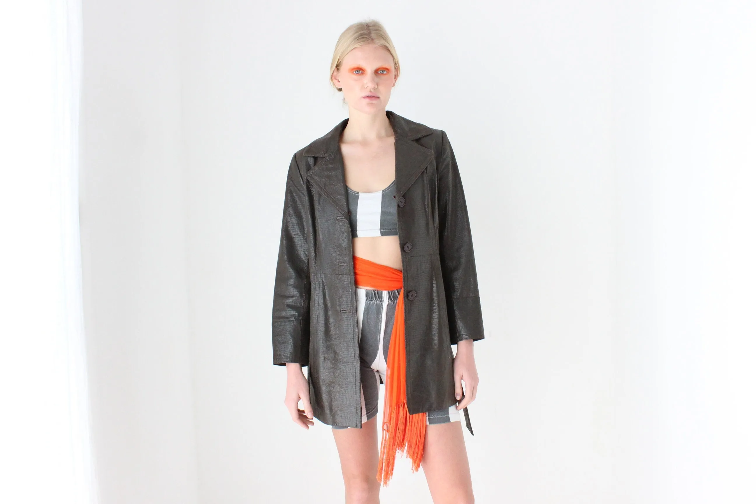 90s Python Texture Chocolate Leather Coat w/ Tie Waist