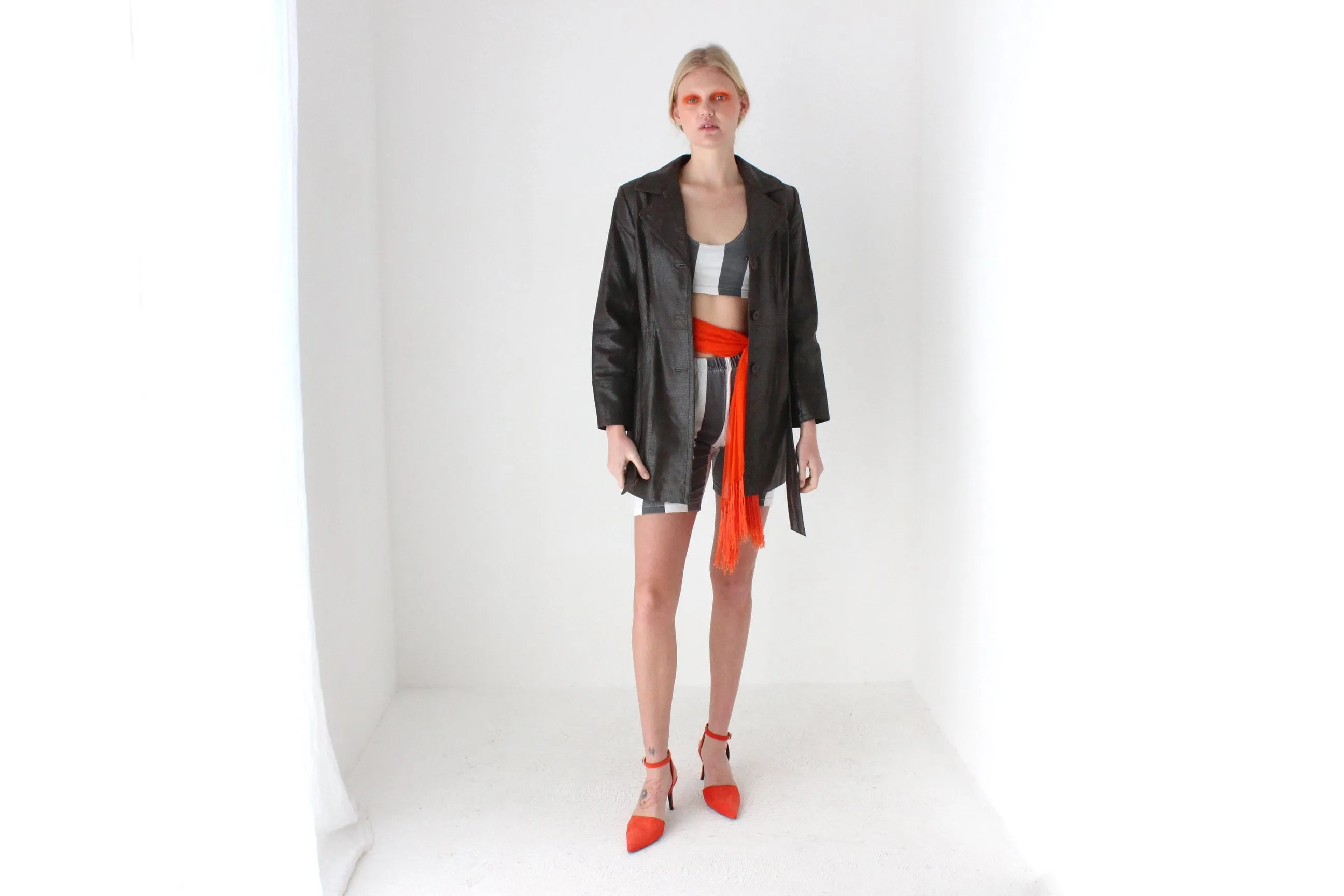 90s Python Texture Chocolate Leather Coat w/ Tie Waist
