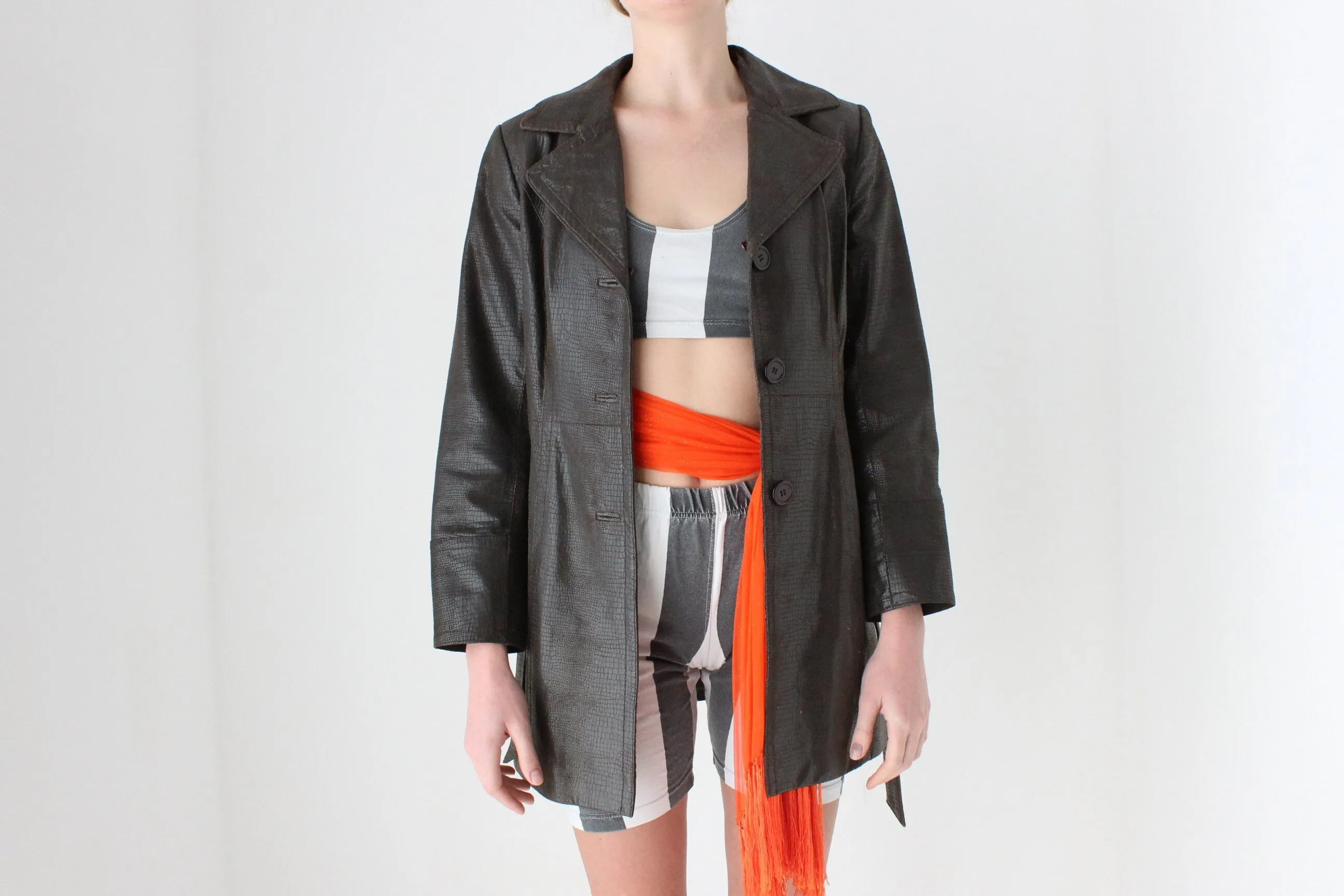 90s Python Texture Chocolate Leather Coat w/ Tie Waist