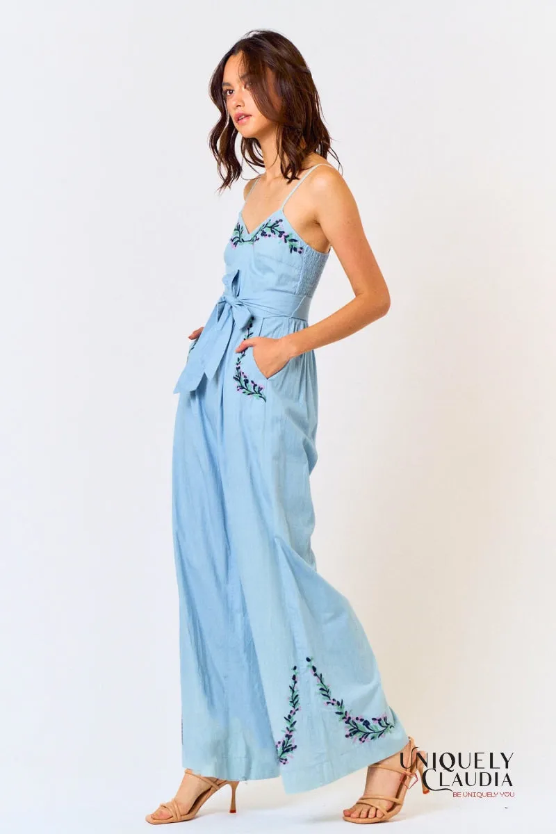 Adele Embroidery Waist Tie Wide Leg Jumpsuit