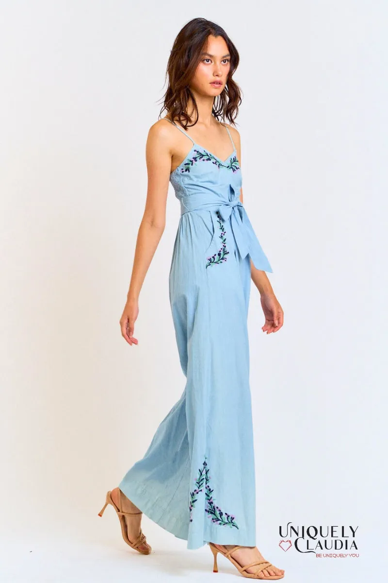 Adele Embroidery Waist Tie Wide Leg Jumpsuit