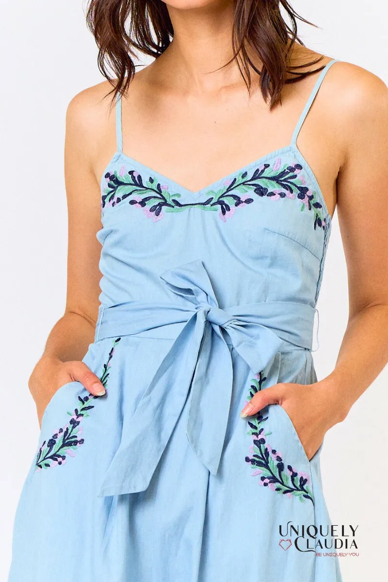 Adele Embroidery Waist Tie Wide Leg Jumpsuit