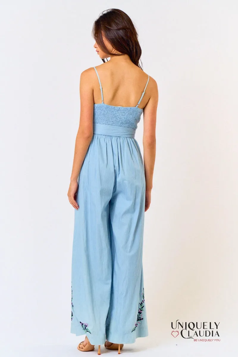 Adele Embroidery Waist Tie Wide Leg Jumpsuit