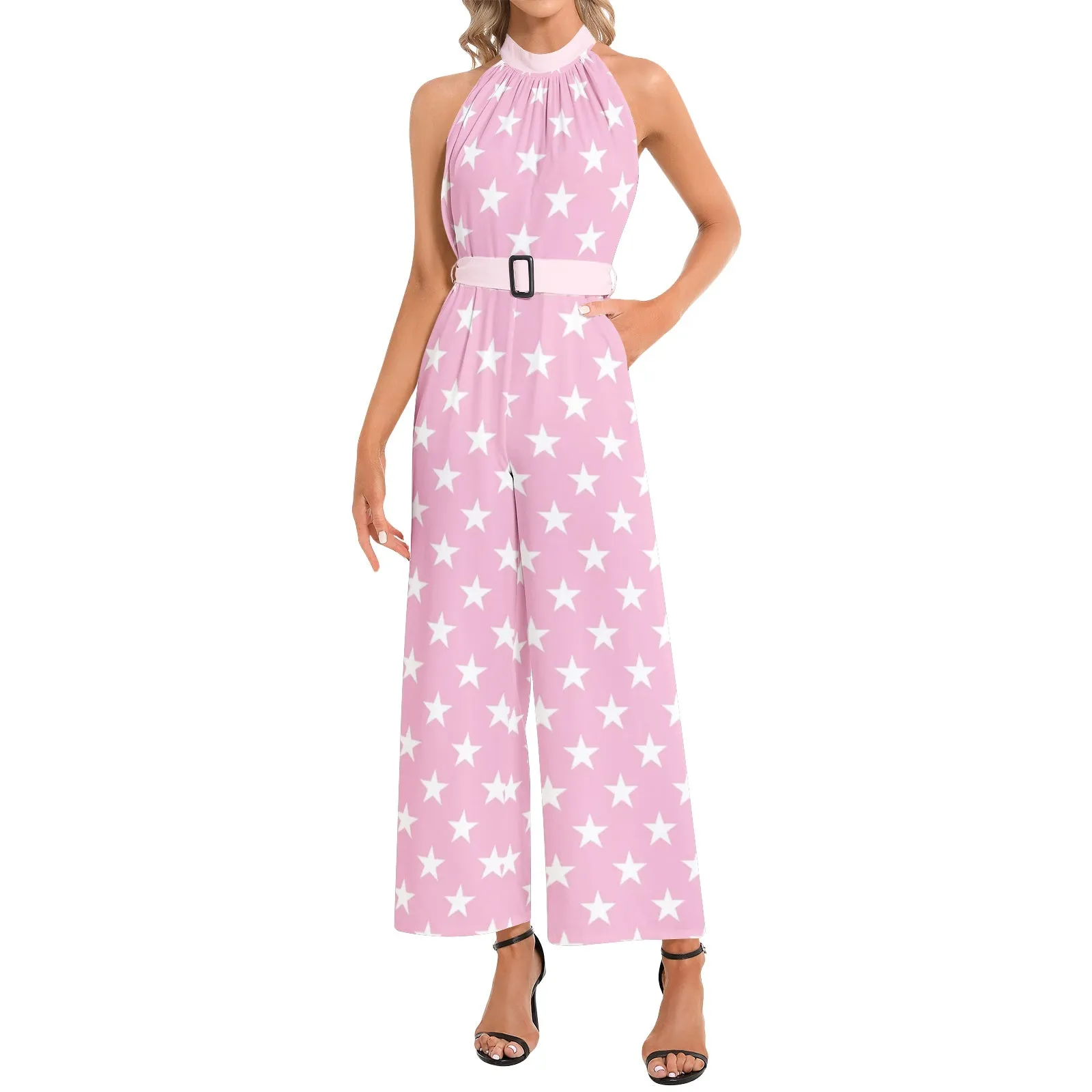 All Stars in Pink Halter Neck Buckle Belted Jumpsuit