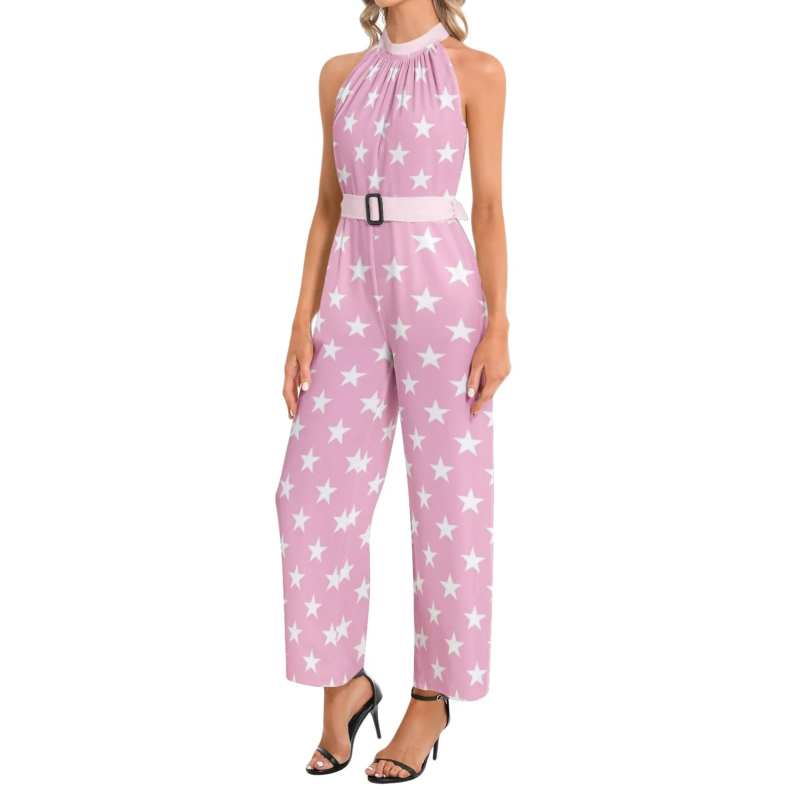 All Stars in Pink Halter Neck Buckle Belted Jumpsuit