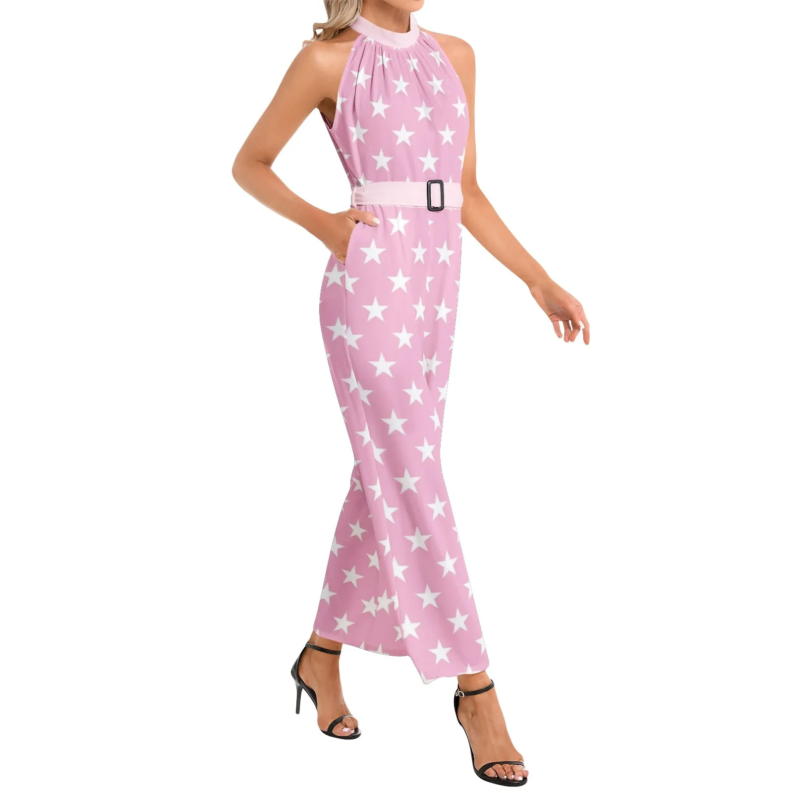 All Stars in Pink Halter Neck Buckle Belted Jumpsuit