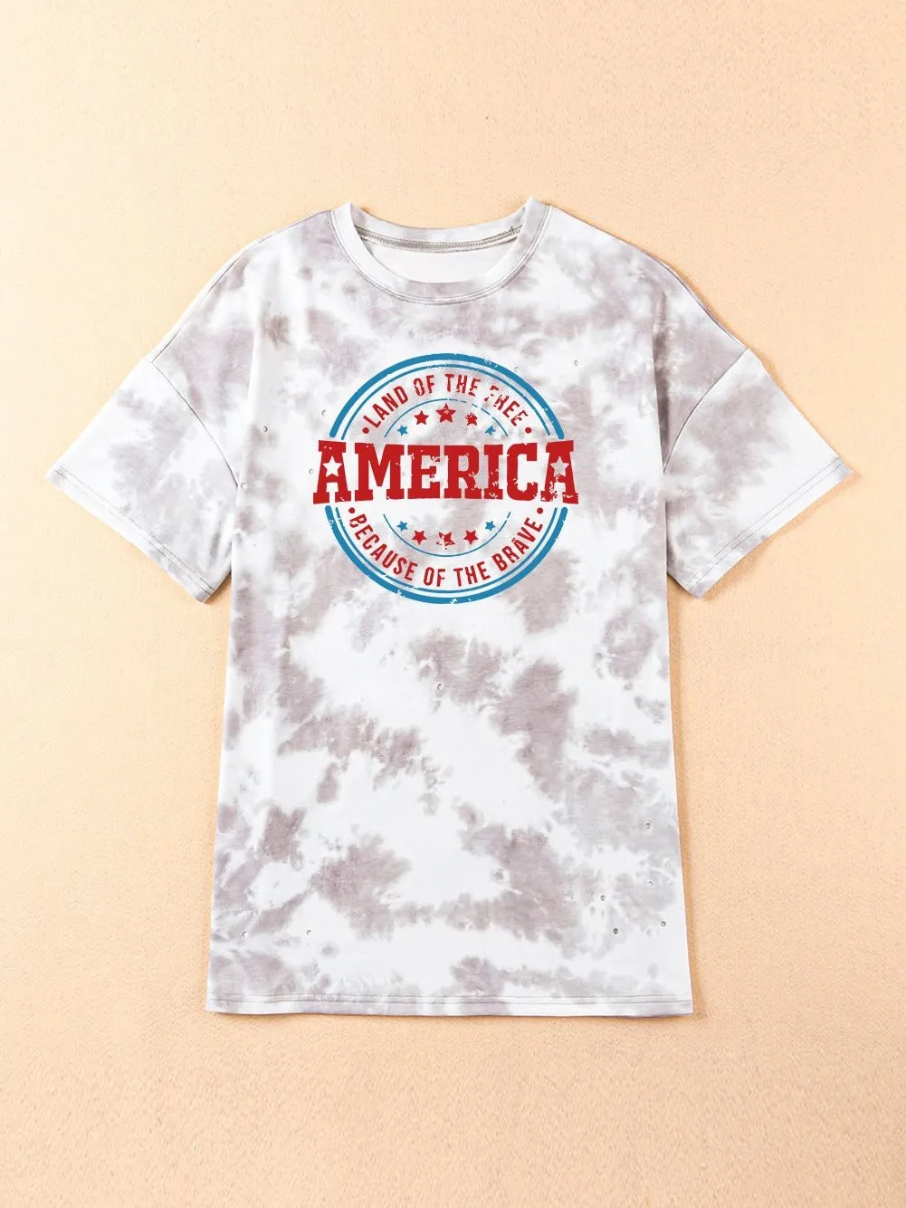 American Flag Distressed Tie-dye Graphic Tee - White Oversized Casual T-shirt