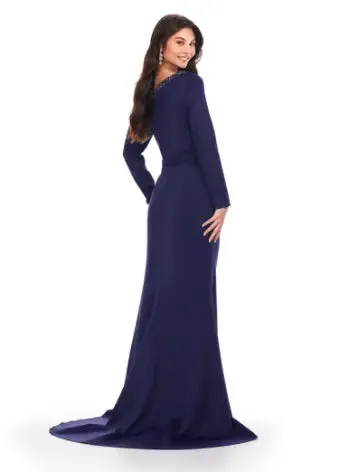 Ashley Lauren 11450 Long Prom Dress Long Sleeve Scuba Gown Beaded Asymmetrical Neckline Formal Pageant