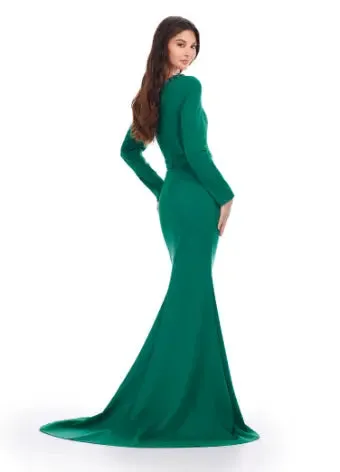 Ashley Lauren 11450 Long Prom Dress Long Sleeve Scuba Gown Beaded Asymmetrical Neckline Formal Pageant
