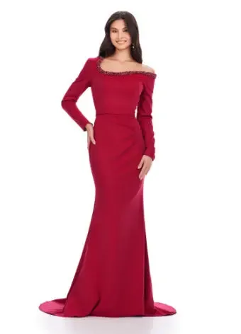 Ashley Lauren 11450 Long Prom Dress Long Sleeve Scuba Gown Beaded Asymmetrical Neckline Formal Pageant