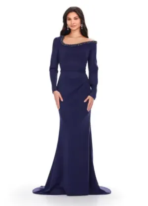 Ashley Lauren 11450 Long Prom Dress Long Sleeve Scuba Gown Beaded Asymmetrical Neckline Formal Pageant
