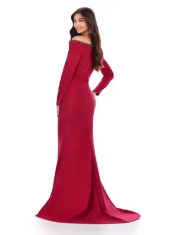 Ashley Lauren 11450 Long Prom Dress Long Sleeve Scuba Gown Beaded Asymmetrical Neckline Formal Pageant