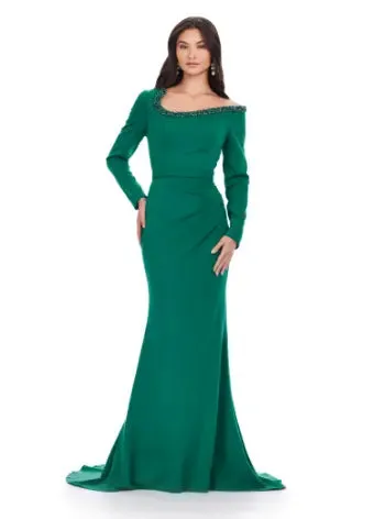 Ashley Lauren 11450 Long Prom Dress Long Sleeve Scuba Gown Beaded Asymmetrical Neckline Formal Pageant