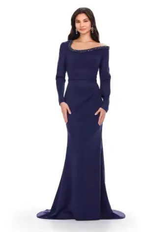 Ashley Lauren 11450 Long Prom Dress Long Sleeve Scuba Gown Beaded Asymmetrical Neckline Formal Pageant
