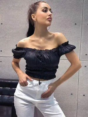 Bardot Frill Trim Ruched Solid Top