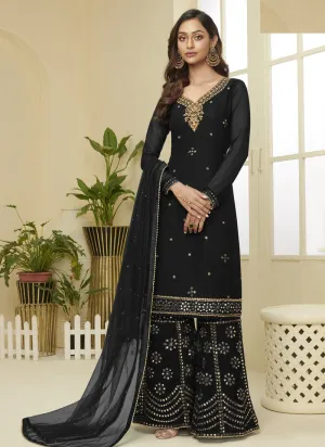 Black Embroidered Faux Georgette Gota Work Sharara Suit