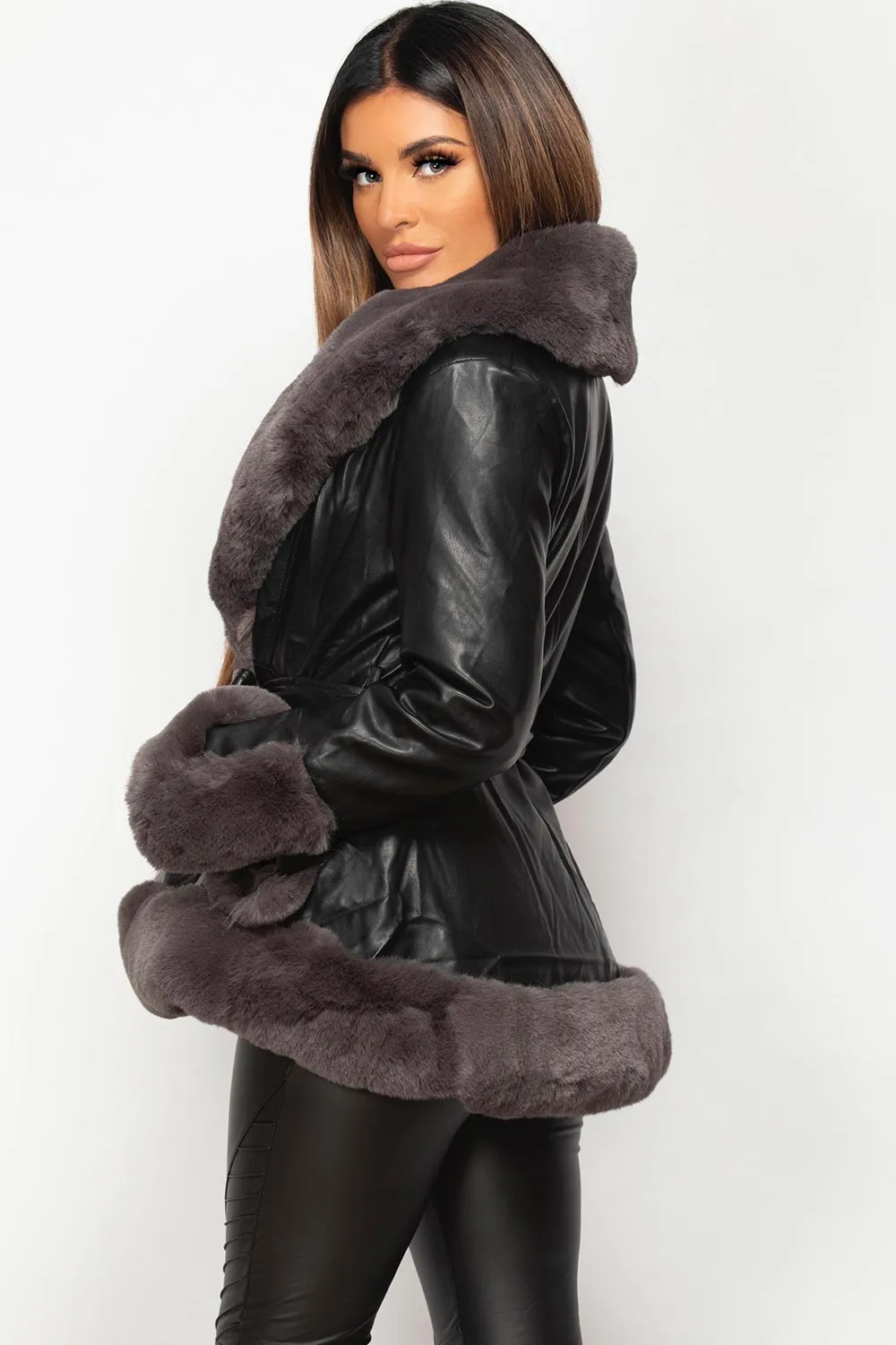 Black Faux Leather Faux Fur Belted Jacket