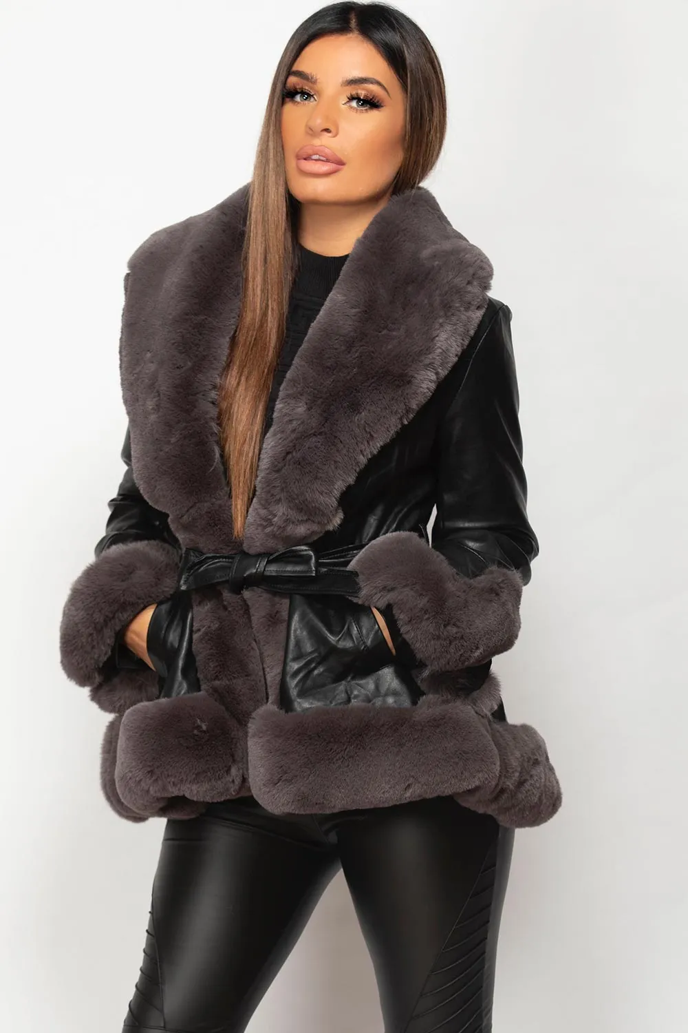 Black Faux Leather Faux Fur Belted Jacket