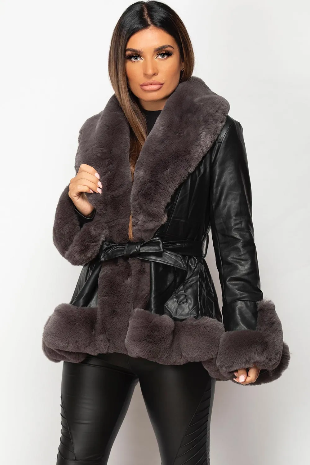 Black Faux Leather Faux Fur Belted Jacket