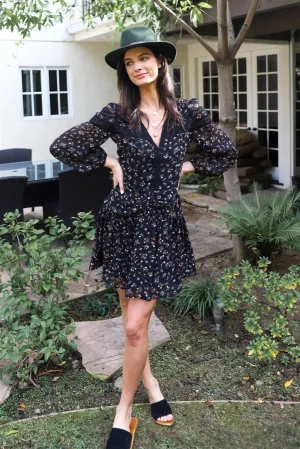 Black Floral Print Lace Trim Ruched Waist Details Mini Dress /1-2-2