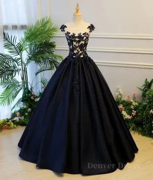 Black round neck satin long prom gown black evening dress
