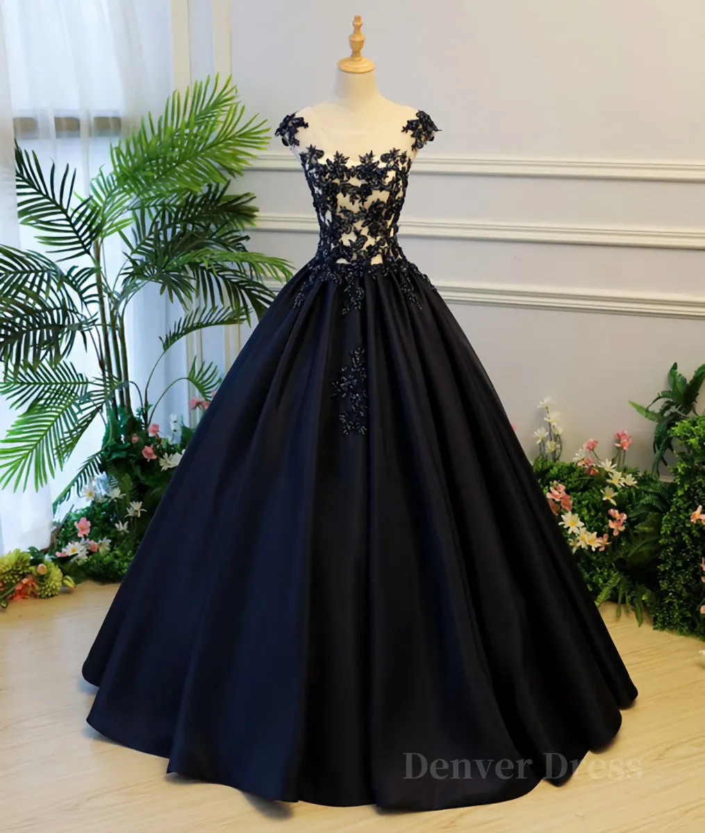 Black round neck satin long prom gown black evening dress