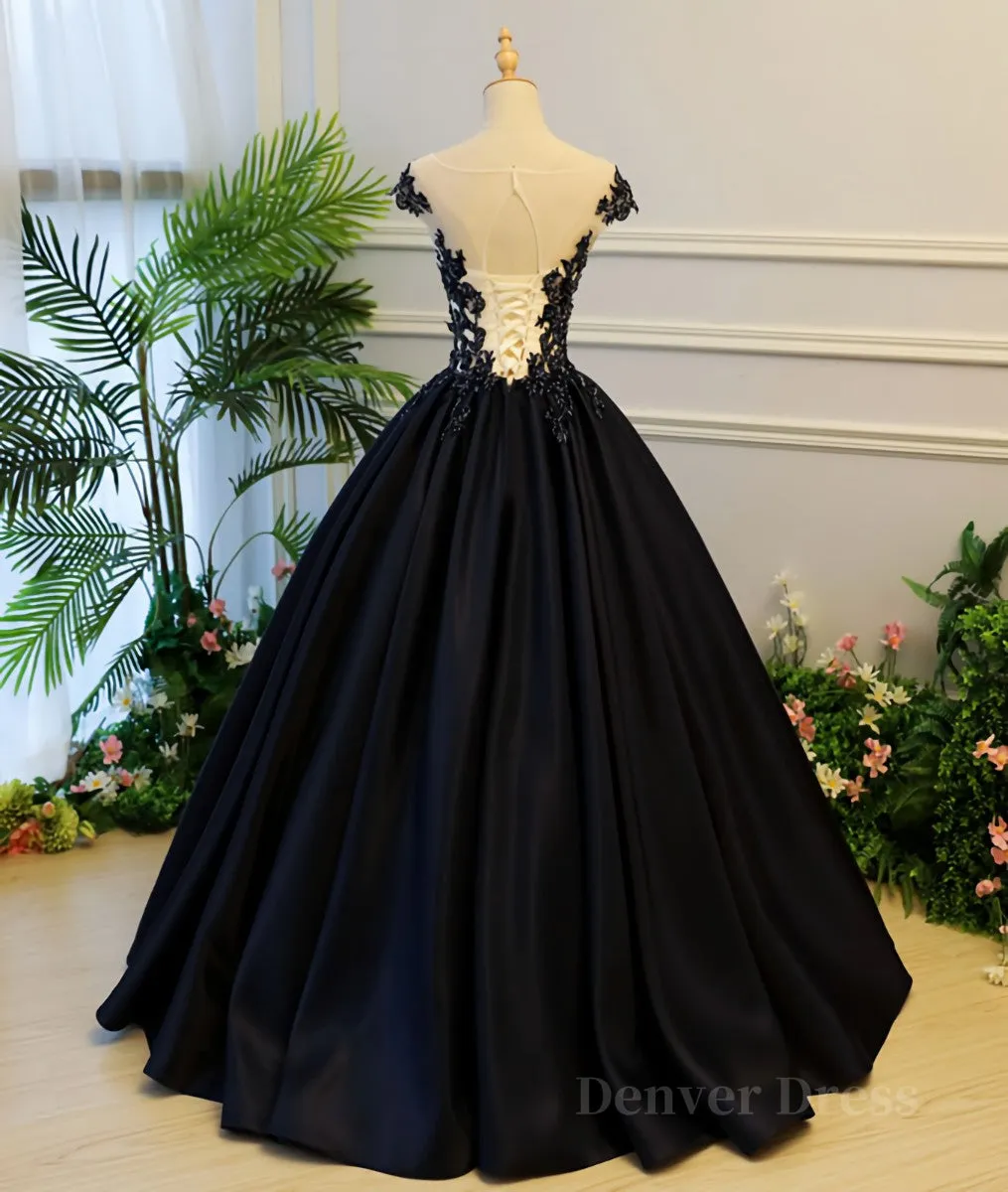 Black round neck satin long prom gown black evening dress
