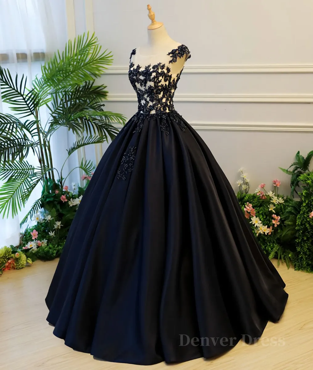 Black round neck satin long prom gown black evening dress