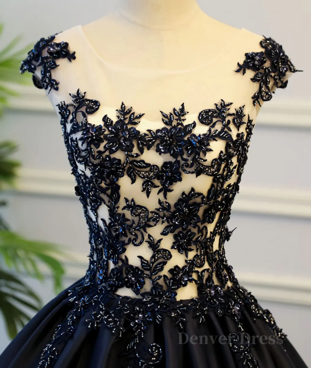 Black round neck satin long prom gown black evening dress