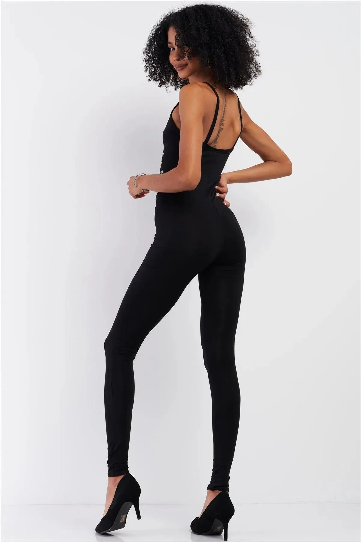 Black Sleeveless Scoop Neck Gold "Miss Boss" Graphic Bodycon Jumpsuit /2-2-2