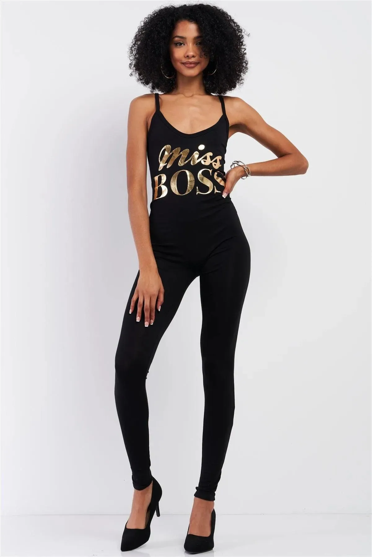 Black Sleeveless Scoop Neck Gold "Miss Boss" Graphic Bodycon Jumpsuit /2-2-2
