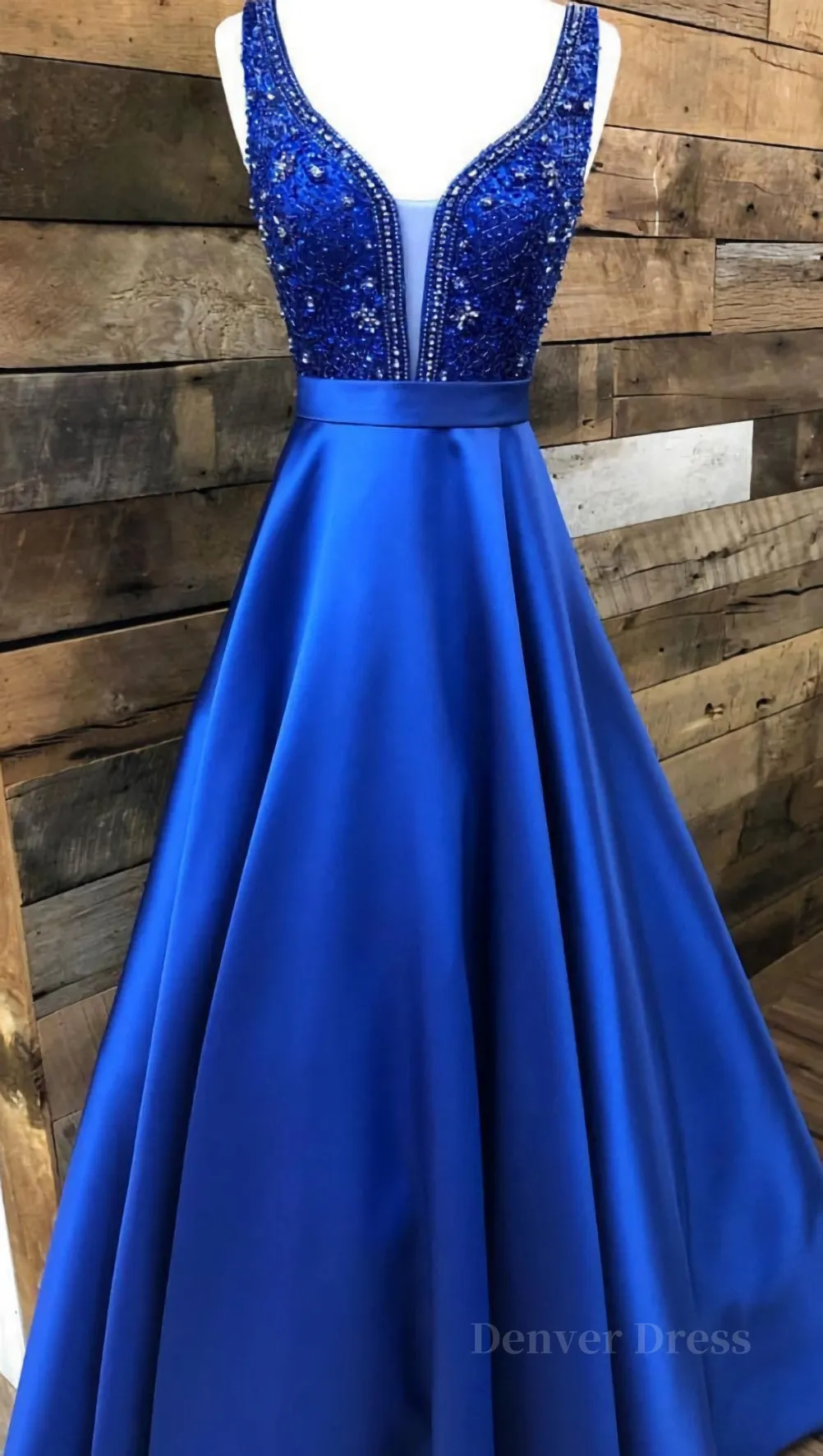 Blue v neck beads satin long prom dress blue evening dress