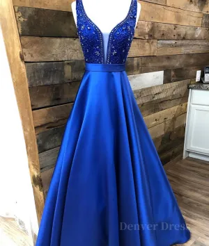 Blue v neck beads satin long prom dress blue evening dress