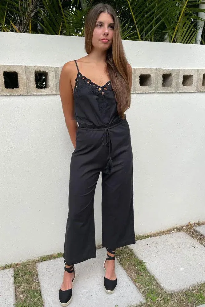Boho Crochet Embroidered Scalloped Hem Wide Leg Jumpsuit