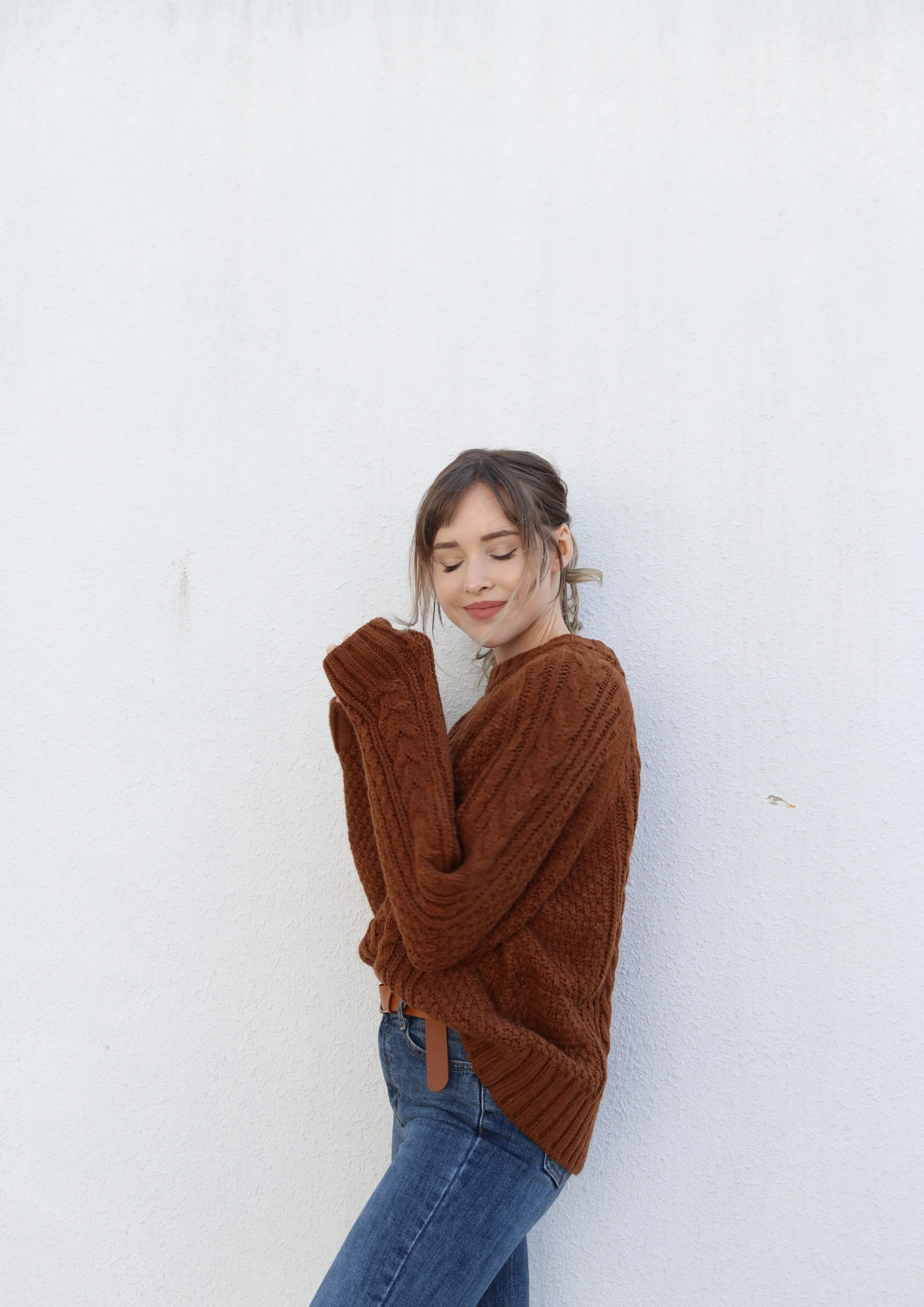 Brown Round Neck Cable Knit Sweater