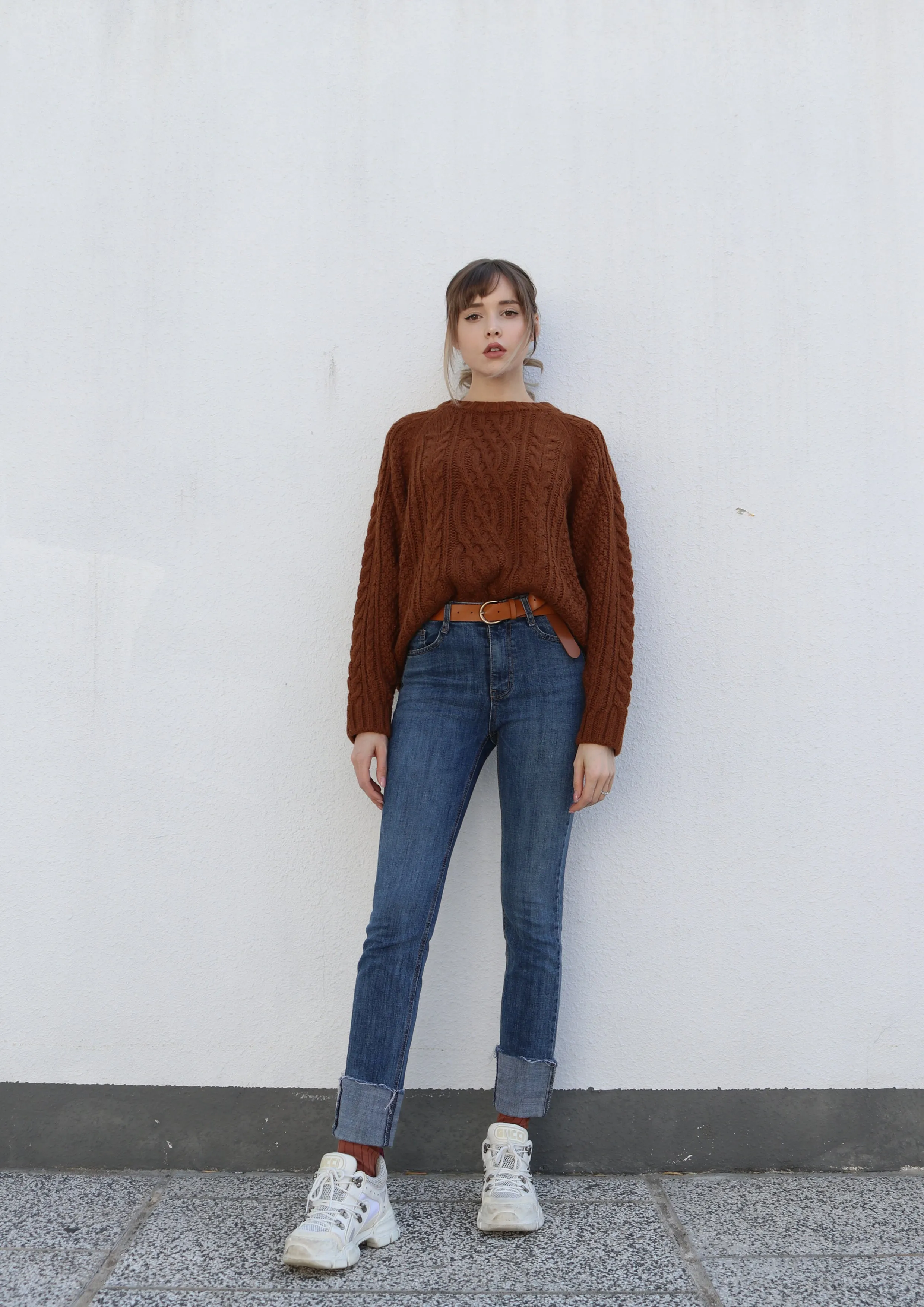 Brown Round Neck Cable Knit Sweater