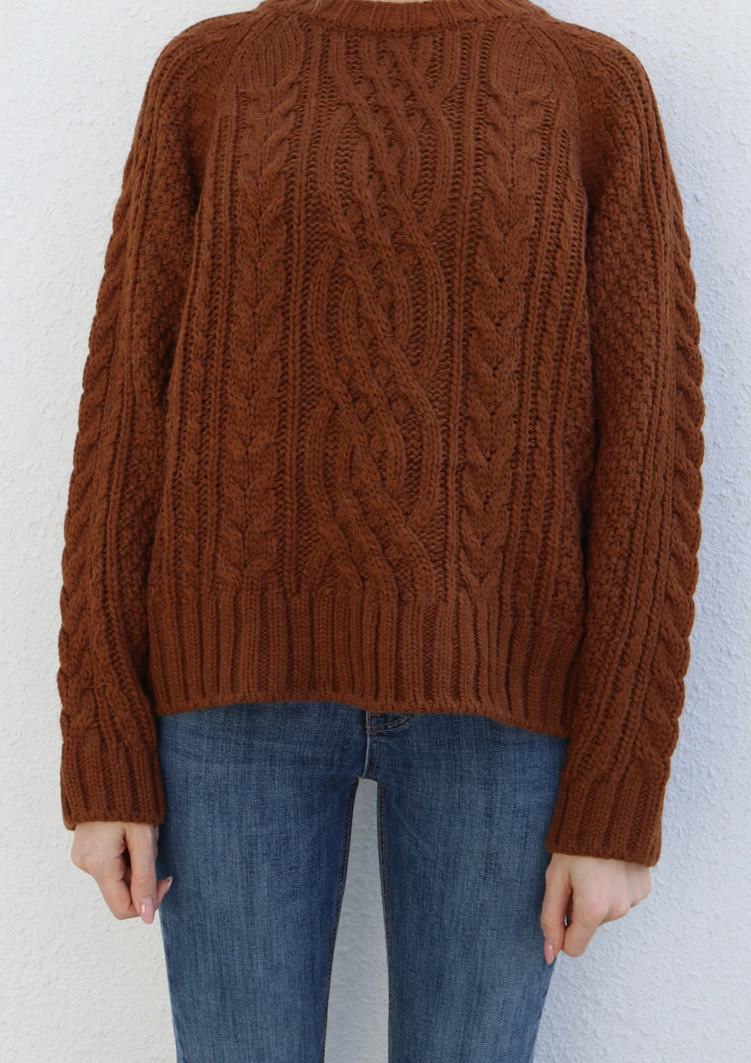 Brown Round Neck Cable Knit Sweater