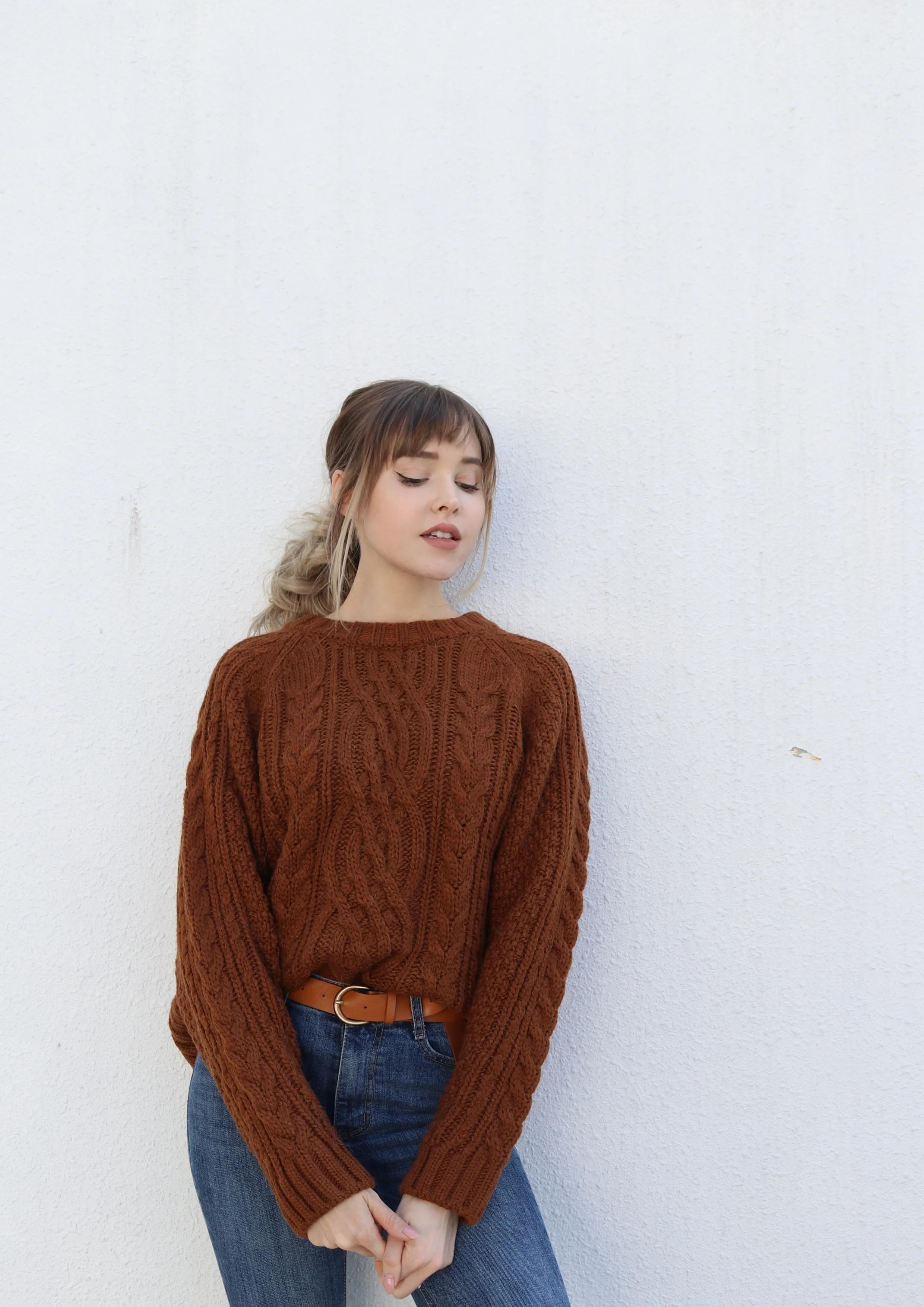 Brown Round Neck Cable Knit Sweater