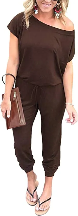Brown Women's Loose Solid Off Shoulder Elastic Waist Stretchy Long Romper Jumpsuit - PRETTYGARDEN