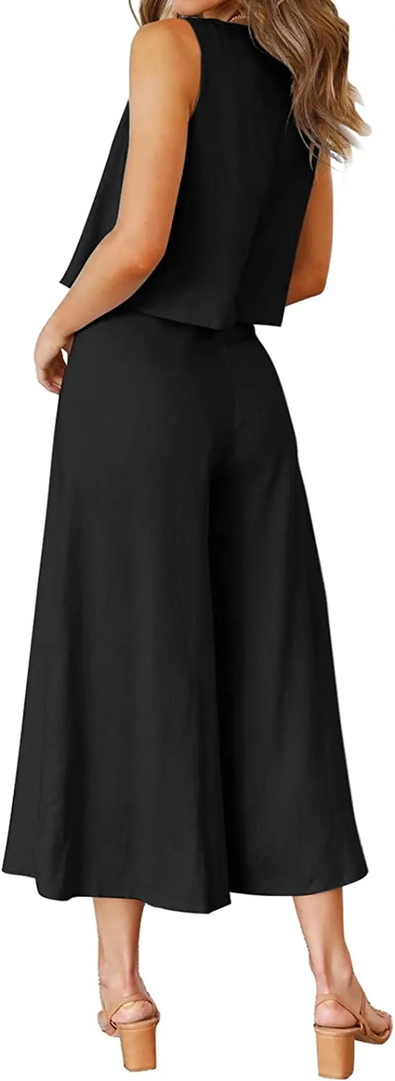 Burgundy Women's Summer 2 Piece Outfits Round Neck Crop Basic Top Cropped Wide Leg Pants Set Jumpsuits - ROYLAMP