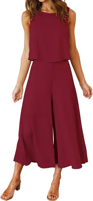 Burgundy Women's Summer 2 Piece Outfits Round Neck Crop Basic Top Cropped Wide Leg Pants Set Jumpsuits - ROYLAMP